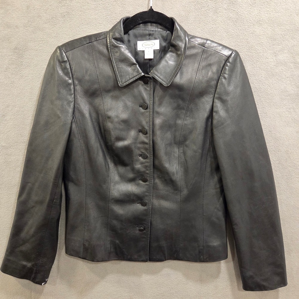 Talbots Black Leather Button Front Blazer Jacket Women's Size 6P Office Classic